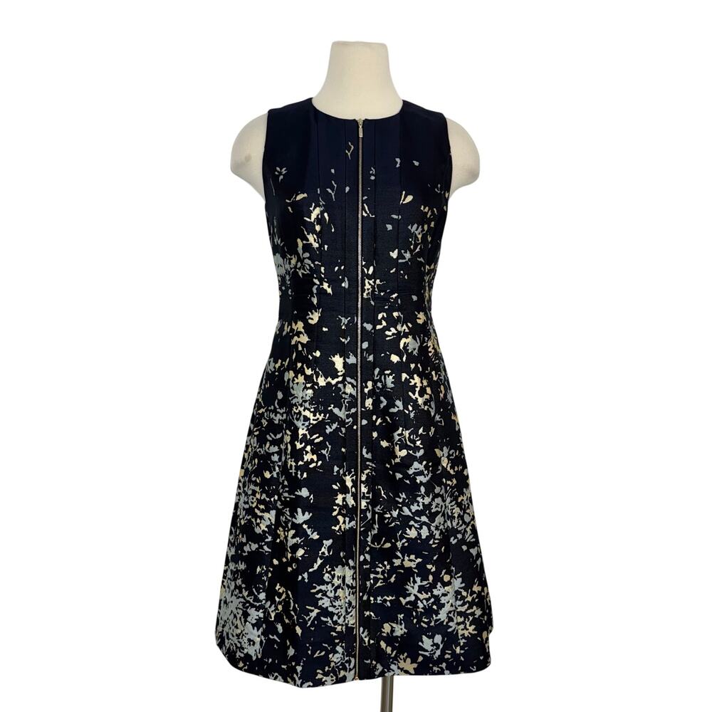 Lafayette 148 Sleeveless Zip Front Dress A-Line Abstract Print Navy Cream Size 4